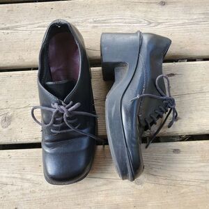 Vintage 90s‎ y2k Bratz Square Toe Chunky Heel Black Faux Vegan Leather Oxfords